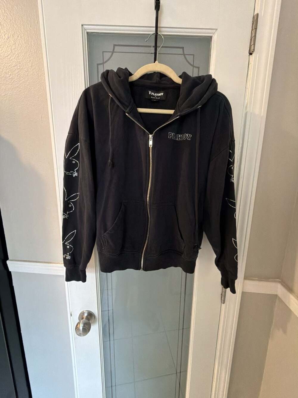 Playboy by PacSun Rhinestone Bunny Logo Zip Up Hoodie Black XS
